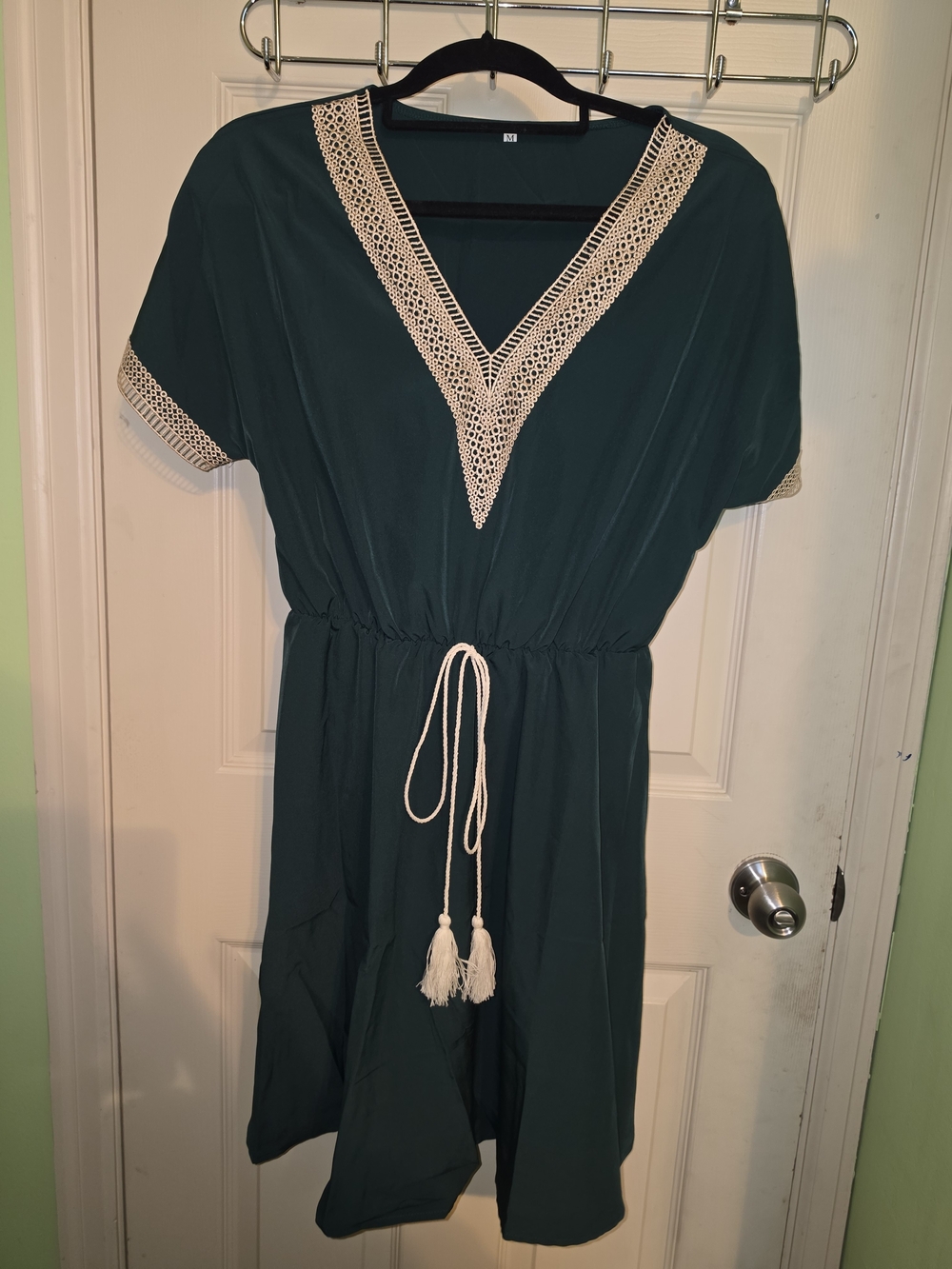 Deep Emerald Crochet Trim Tie-Waist Dress